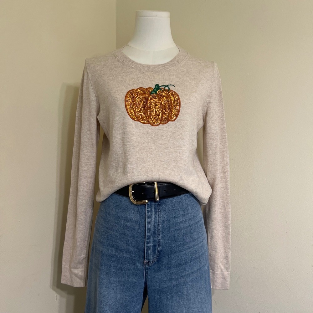 J.Crew Teddie Sweater Womens Oatmeal Sequin Pumpkin 100% Cotton Fall Heather S